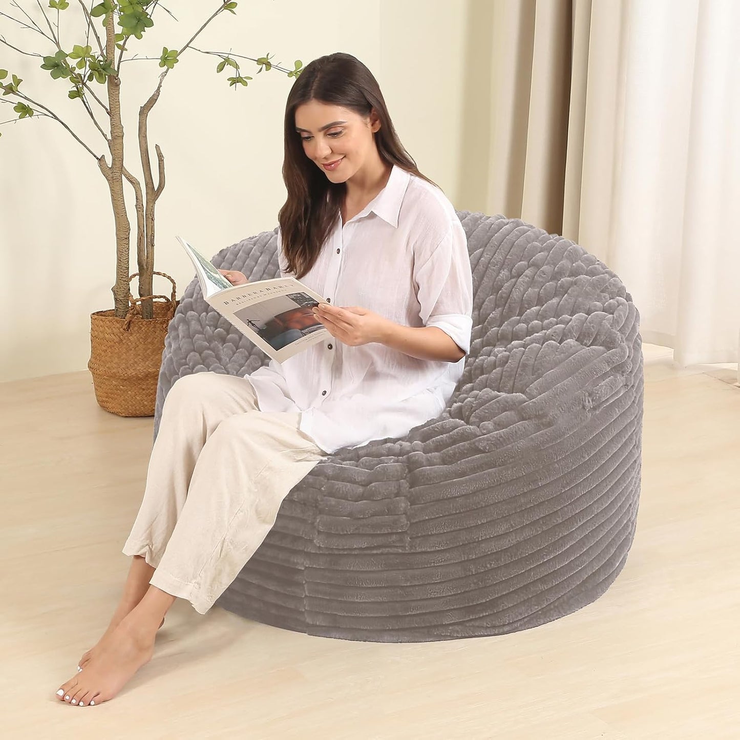 3FT Memory Foam Bean Bag Chair for Adults/Teens, Bean Bag Sofa with Fluffy Removable Cover, for Living Room Bedroom, Grey