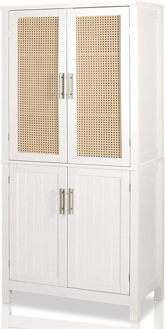 MISHAO 71" Kitchen Pantry Storage Cabinet, Tall Storage Cabinet with Rattan Doors & Adjustable Shelves, Freestanding Cupboard Wood Pantry for Kitchen, Living Room, Dining Room Hallway, White
