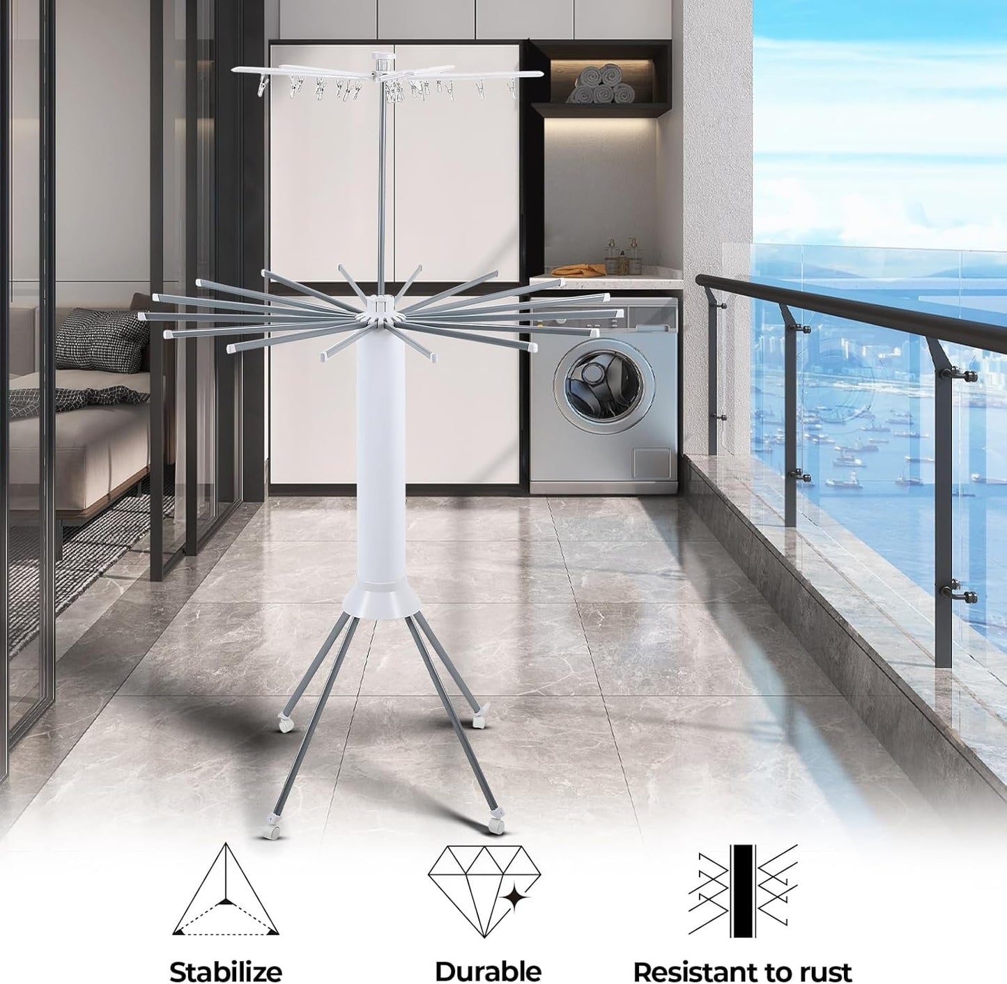 3 Tier Portable Clothes Drying Rackwith 4 Pulleys,Indoor and Outdoor Collapsible Rack Clothing with Shoe Drying Rack for Space Saving