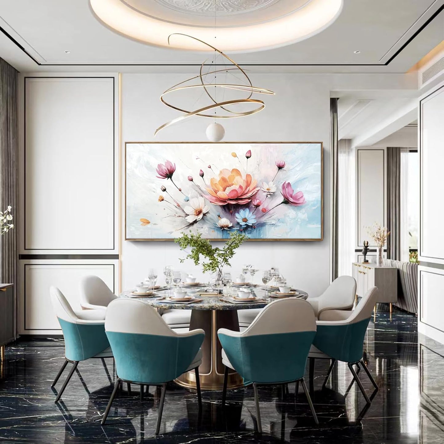 amatop Framed Floral Canvas Wall Art – Oversized Pink Blue Abstract Bloom Flower Print Daisy & Peony Picture Elegant Botanical Nature Large Artwork for Living Room Bedroom Dining Entryway Decor 58x29 inch