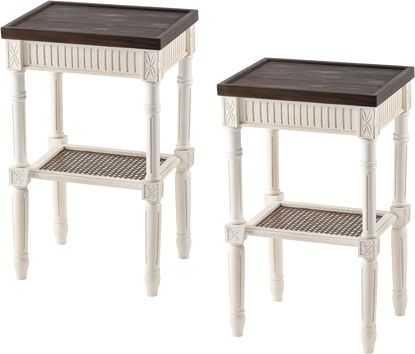 Rustic Farmhouse Cottagecore Accent End Table Set of 2, Distressed Accent Side Table with Espresso Tray Top and Woven Wicker Shelf, Boho, French Country Decor, Square, Weathered Brown & White