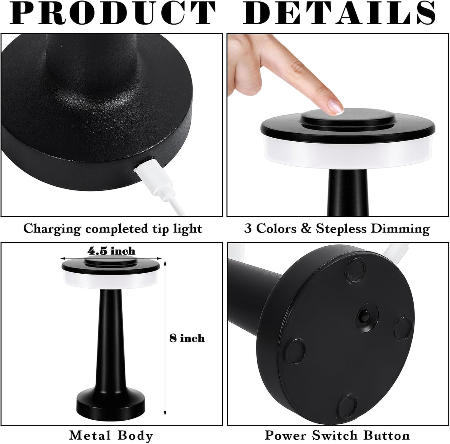 VIHOSE Set of 8 LED Portable Cordless Table Lamp with Touch Sensor 3 Color Stepless Dimming Rechargeable Battery up to 15 Hours Cordless Table Light Wireless Lamp for Nursery(Black)