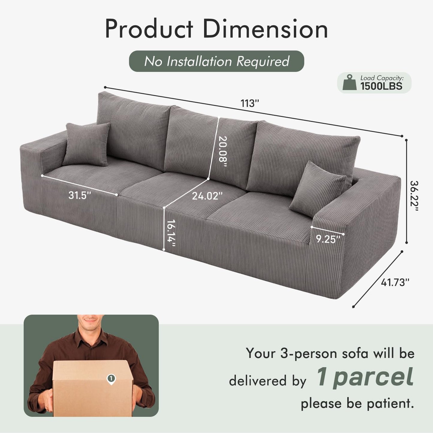 Boneless Cloud Couch Sofa for Living Room, 112" 3 Seater Grey Modern Lounge Sleeper Couch, No Assemble, Cordury Compression Upholstered Couches