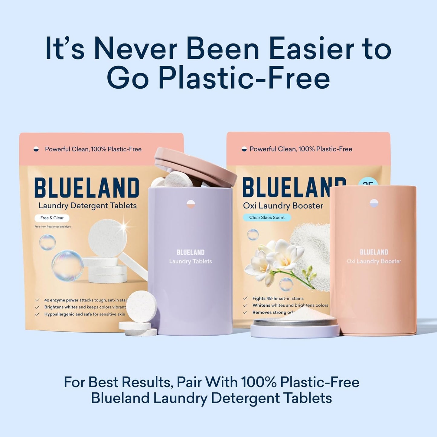 BLUELAND Oxi Laundry Booster Powder with Tin, Starter Set, Clear Skies Scent, 25 Loads, 17.6 oz, Plastic-Free, Eco Friendly, Oxy Cleaner, Stain Remover