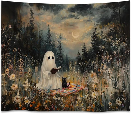 Halloween Ghost and Black Cat Tapestry Wall Hanging Spooky Ghos Reading Book in Wildflowers Wall Decor Halloween Witchy Room Aesthetic Tapestries for Goth Living Room Bedroom Decoration 60x80inch