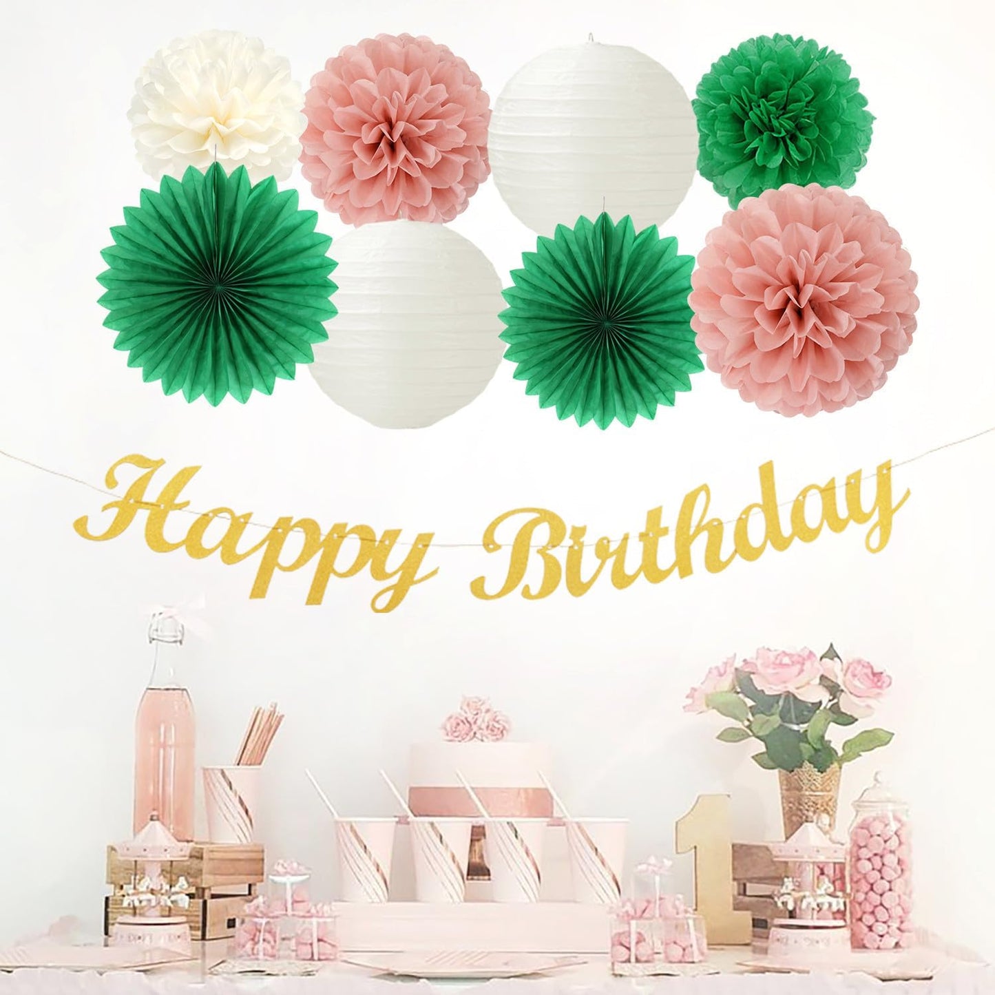 Sage-Green Pink Birthday Party-Decorations Paper-Flowers - 14pcs Happy Banner Spring Lanterns Tissue Pom Poms,Boho Streamers Garland Fans,Neutral Rustic Garden Office Hanging Supplies Decor Hugfond