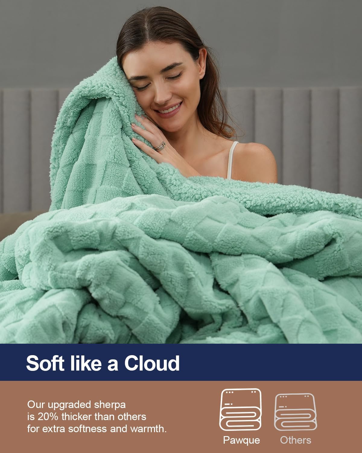 Pawque Super Soft Cozy Throw Blanket Queen Size for Couch Bed, Fluffy Sherpa Fleece Reversible Thick Warm Fuzzy Blanket for All-Season, 3D Checkered Jacquard Decorative Blankets, Sage Green, 90"x90"