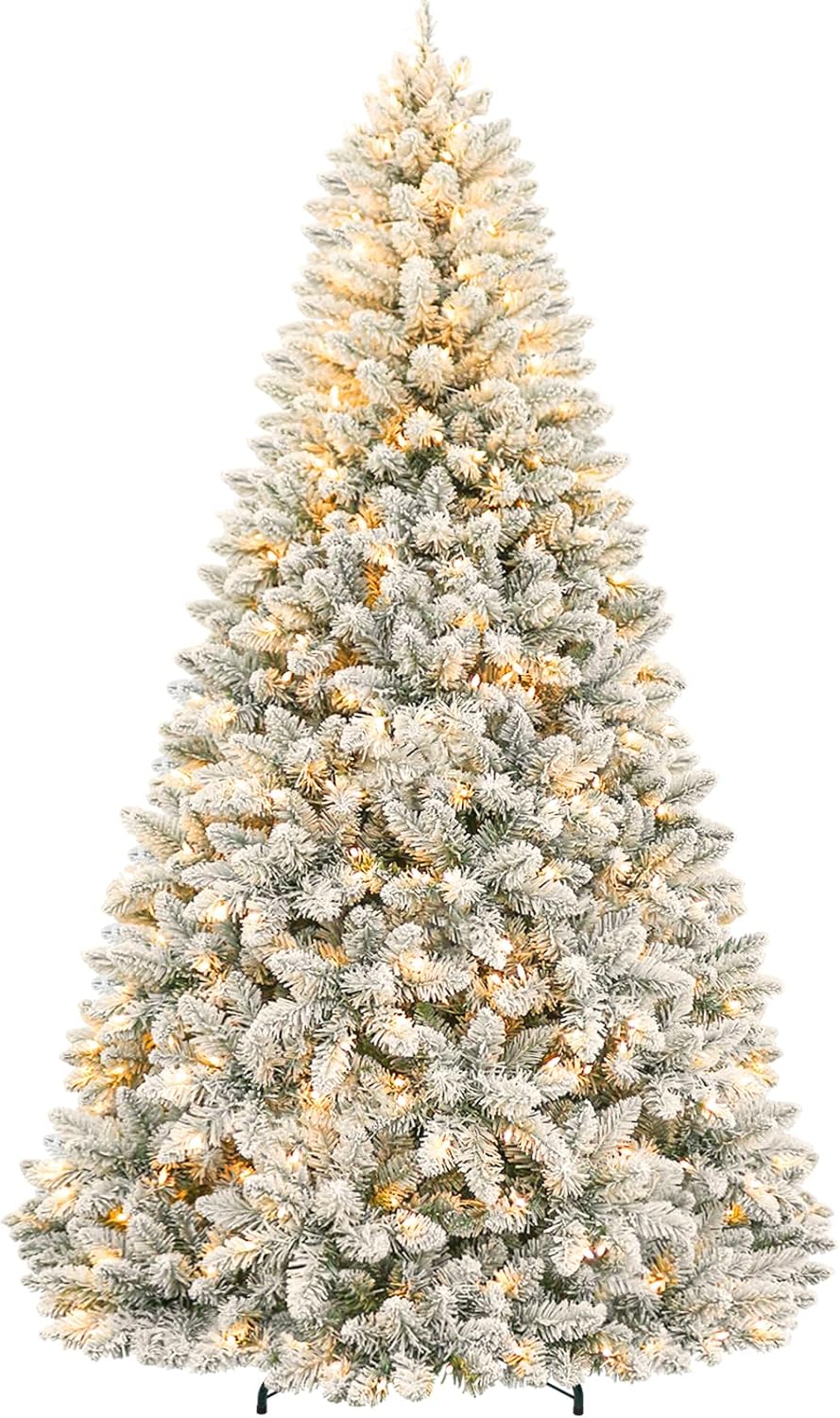 Hykolity 7.5 ft Snow Flocked Christmas Tree, Artificial Christmas Tree with 450 Warm White Lights, 1446 Tips, Metal Stand and Hinged Branches