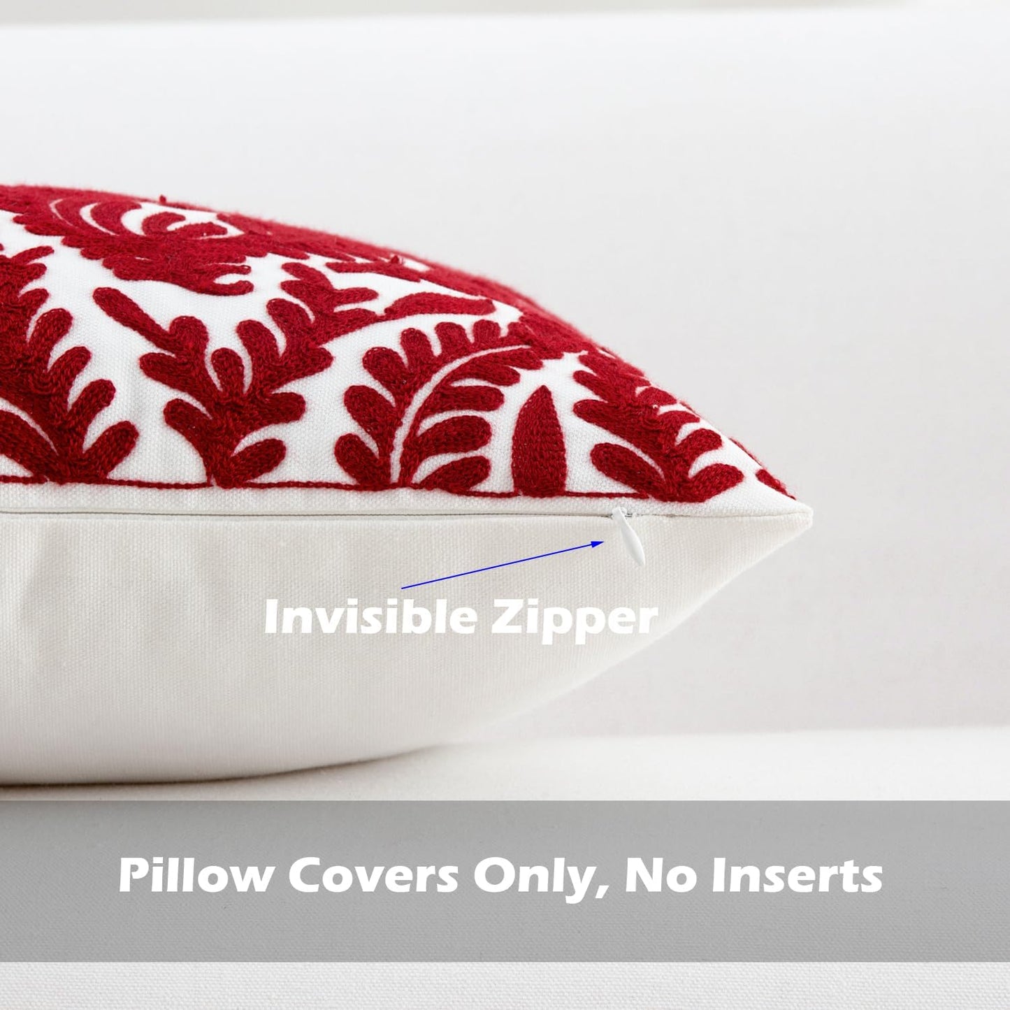 HWY 50 Burgundy Red Decorative Throw Pillow Covers 18x18 Inch (1 Piece), Embroidered Cotton Farmhouse Cushion Cover Pillow Case for Sofa Couch Living Room Bed Bedroon, Floral Branches