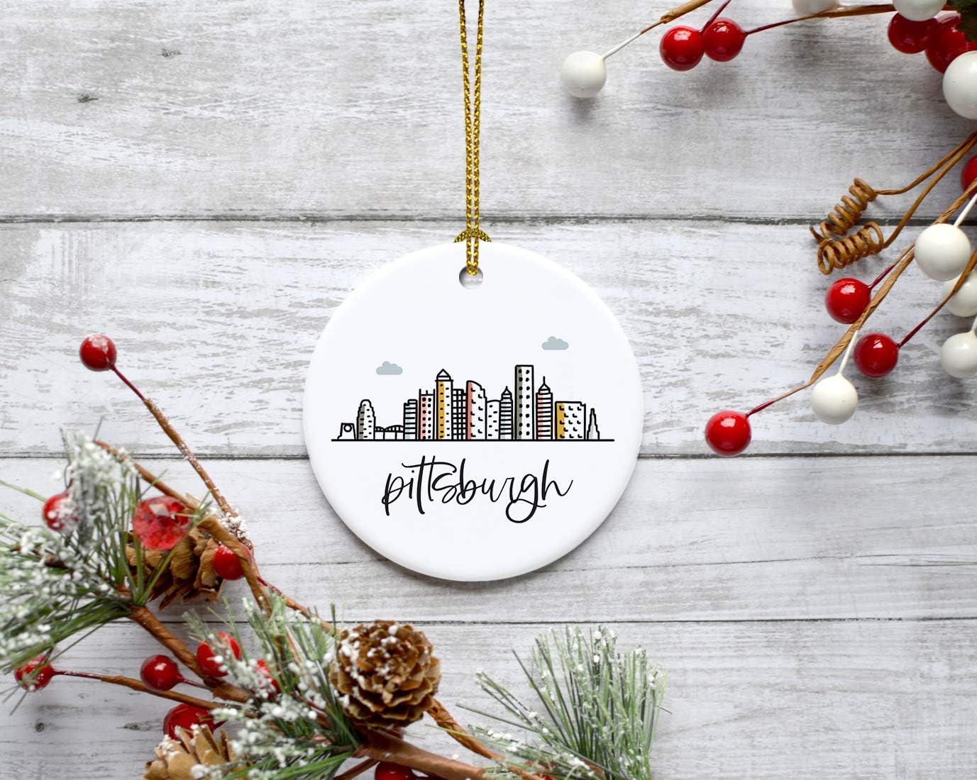 Andaz Press Round Ceramic Porcelain Christmas Tree Ornament Keepsake, Pittsburgh Colorful City Skyline Graphic, 1-Pack, Birthday Gift for Family Coworker Him Her, Includes Gift Box