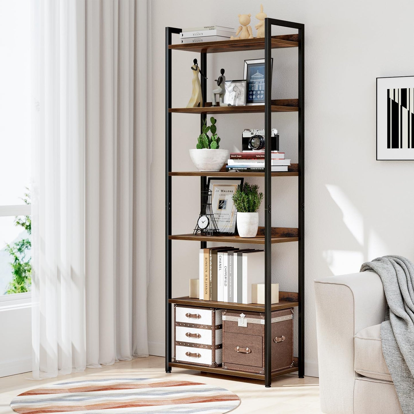 NUMENN Bookshelf, 6 Tier Bookshelves, Home Office Bookcase Shelf Storage Organizer, Free Standing Storage Shelving Unit for Bedroom, Living Room and Home Office, Vintage