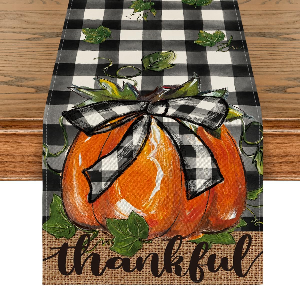 Artoid Mode Buffalo Plaid Bowknot Pumpkin Thankful Fall Table Runner, Autumn Thanksgiving Kitchen Dining Table Decoration for Home Party Decor 13x72 Inch
