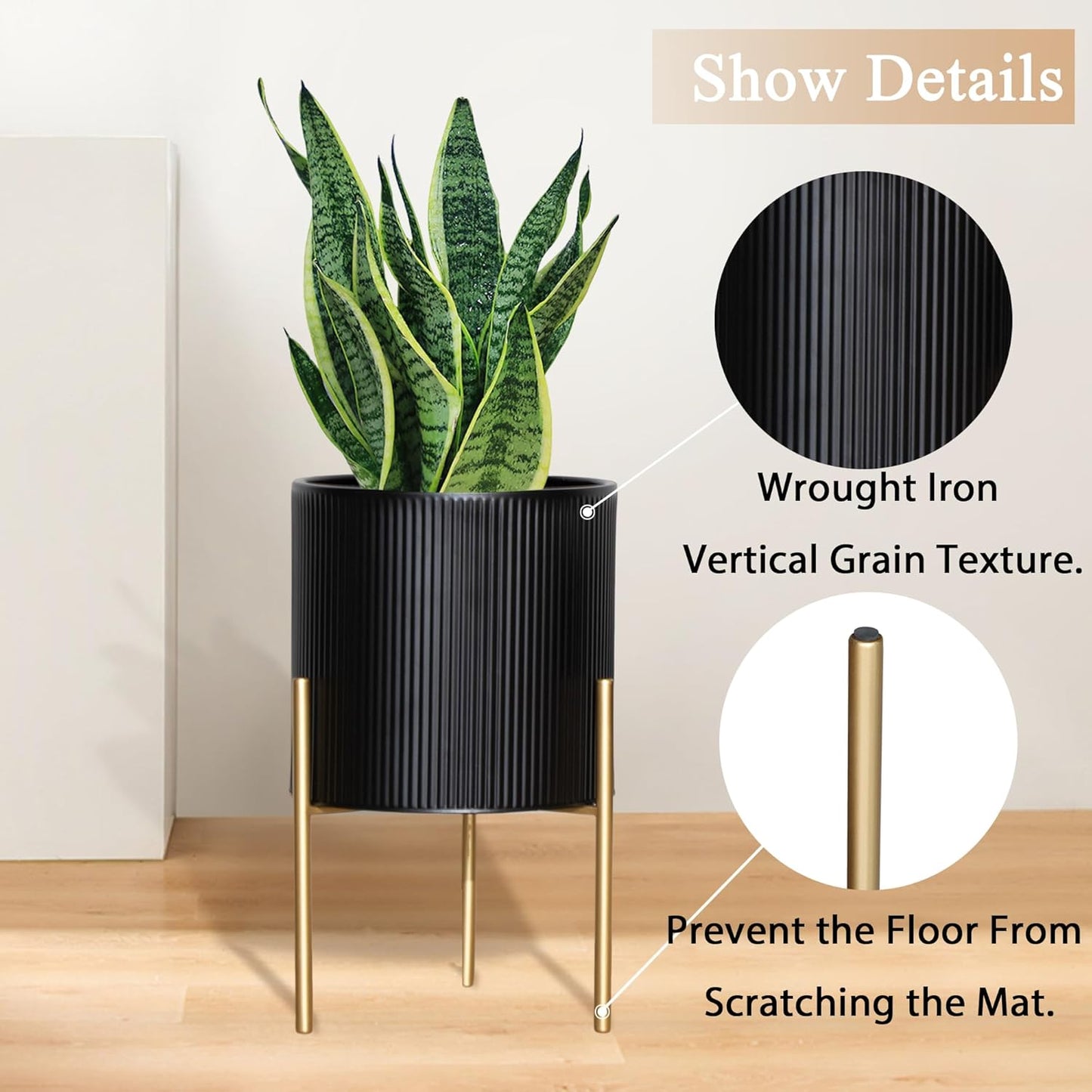ARNIS Modern Planter Pots, Set of 2 Round Large Planters with Stand, Decorative Planters, Metal Pots with Drainage Holes for Living Room, Office, Garden or Balcony, 8.25 &10.5 Inch, Black & Gold