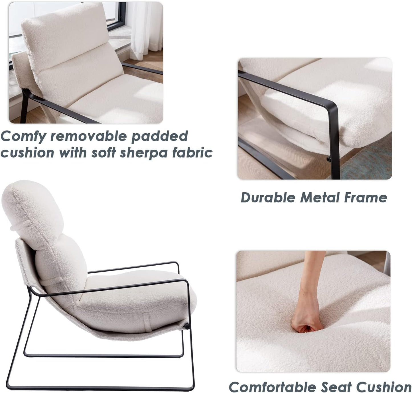 DUOMAY Modern White Sherpa Accent Chair, Comfy Lounge Lazy Chair with Metal Leg, Mid-Century Corner Arm Chair for Living Room Bedroom Office Apartment