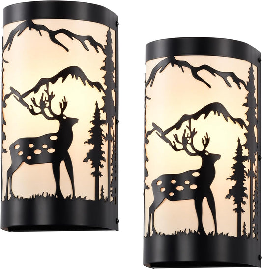 Black Wall Sconces Set of Two,Deer Metal Cream Parchment Rustic Wall Sconces,Farmhouse Indoor Wall Light Fixtures,Industrial Matte Sconce Light,Wall Lamps for Bedroom,Living Room,Hallway