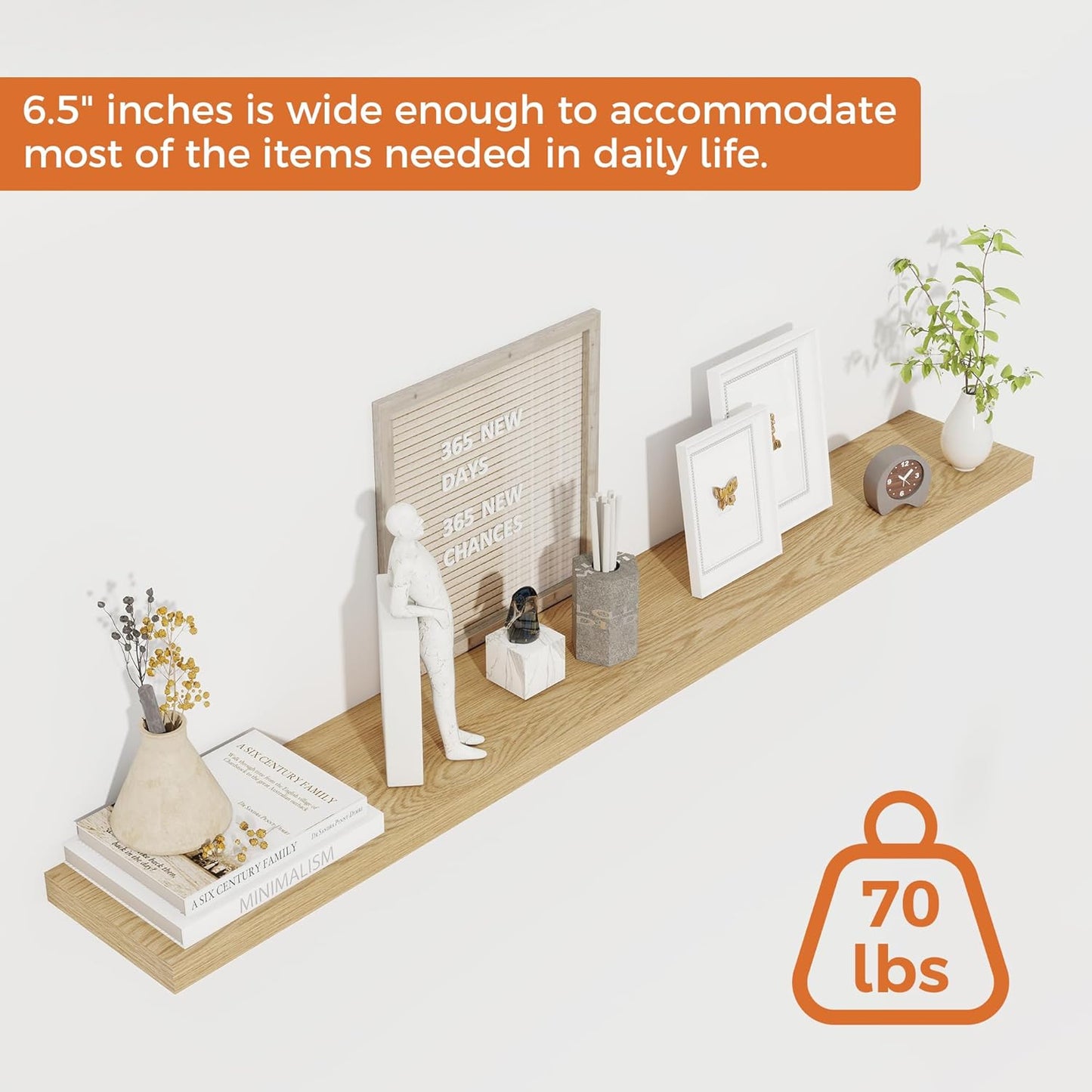 Fun Memories 48 Inch Floating Shelves for Wall, Set of 2 – Rustic Wood Wall-Mounted Shelves with Invisible Brackets for Bedroom, Bathroom, Kitchen – Storage, Books, or Decor, Oak