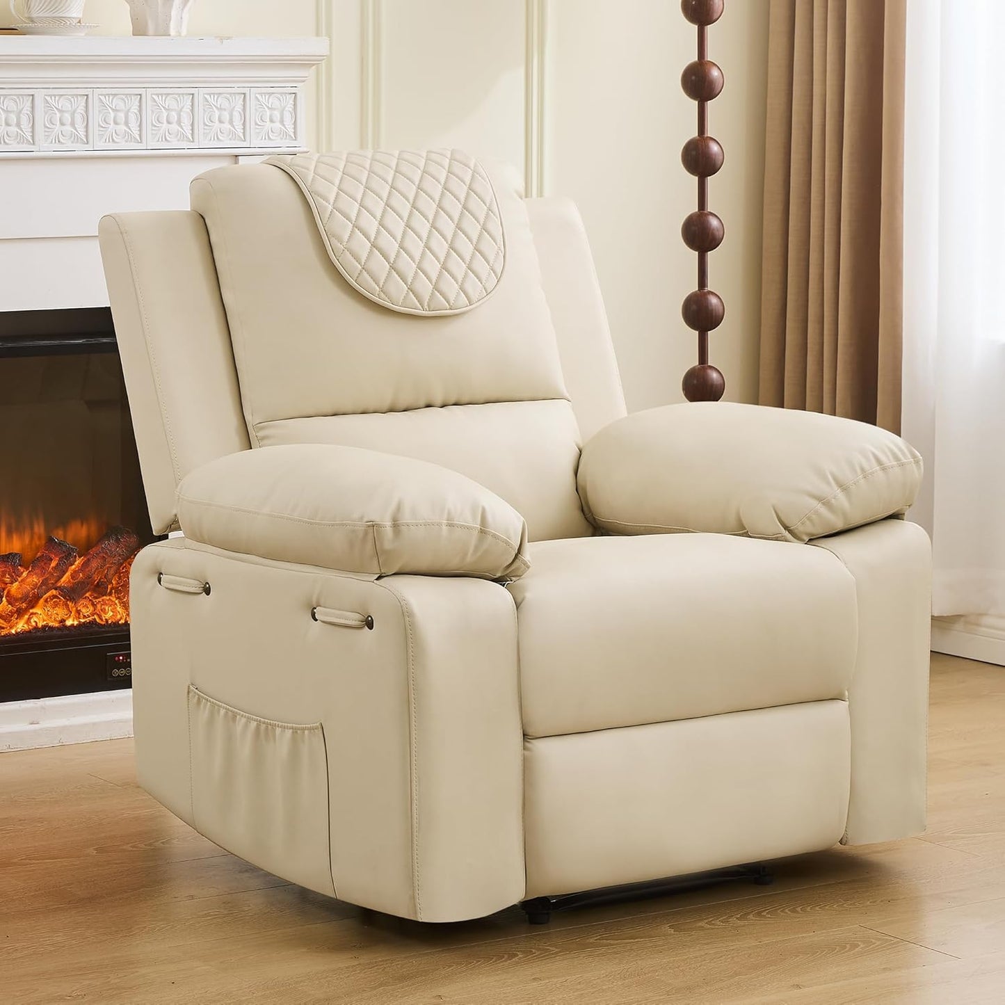Recliner Chair with Electric Massage Adjustable Footrest & Heat, Manual Leather Recline for Adults Living Room Remote Control (Beige)