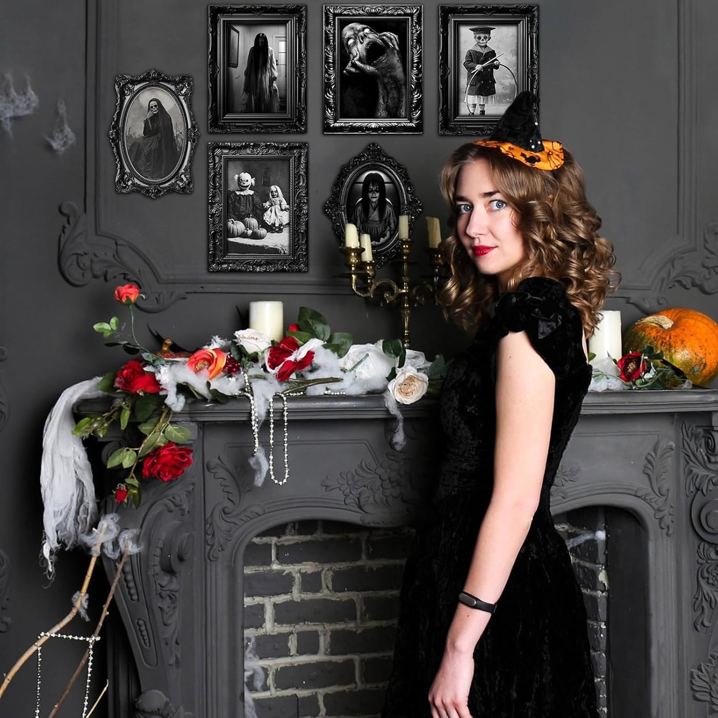 15 Halloween Gothic Creepy Skull Photos Haunted Horror Picture Frame, Waterproof Durable, with 80pcs Self Adhesive Dots Photo Decoration For Haunted Family Castle Masquerade Party 2025 Black