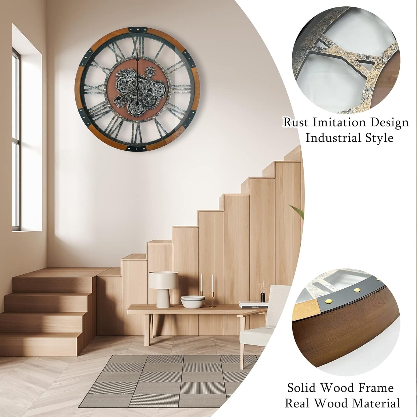 30 Inch Moving Gear Wall Clock, Oversized Wall Clocks, Clock Living Room Decor, Solid Wood Frame, Battery Operated, Large Wall Clock with Steampunk Industrial for Fireplace(Machilus)