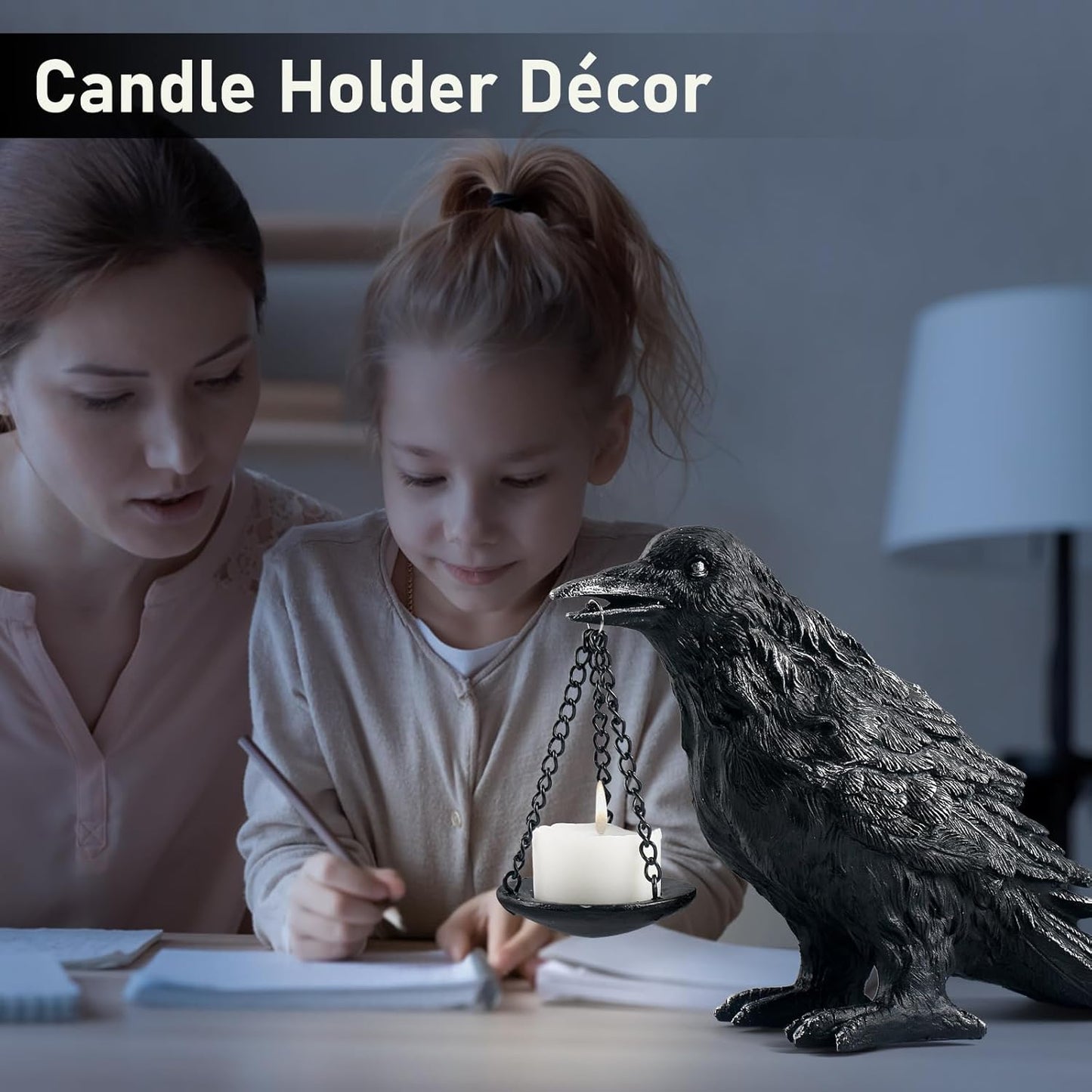 Raven Gothic Home Decor Fake Crow Light Holder Raven Lamp Tealight Candle Holder Resin Raven Statue Wearing Silver