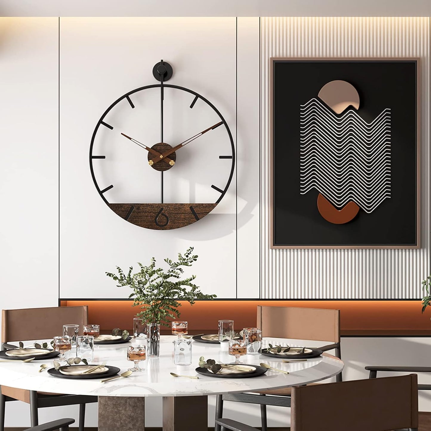 Modern Wood Walnut Dial Wall Clock, Large Simple Wall Decor Metal Frame Silent Non Ticking Clock for Living Room Decor, Kitchen, Bedroom, Study Decoration, Handmade Home Gift Idea, 26.4 in