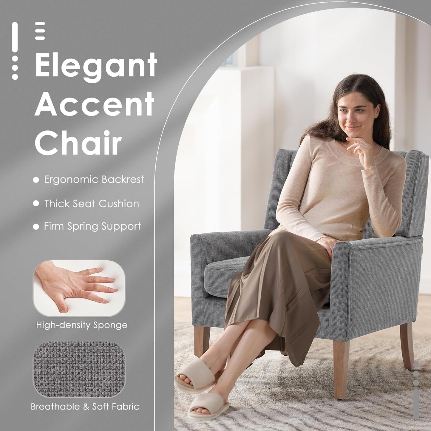 COLAMY Modern Wingback Living Room Chair Set of 2, Upholstered Fabric Accent Armchair, Single Sofa Chair with Lounge Seat and Wood Legs for Bedroom/Office/Reading Spaces, Gery