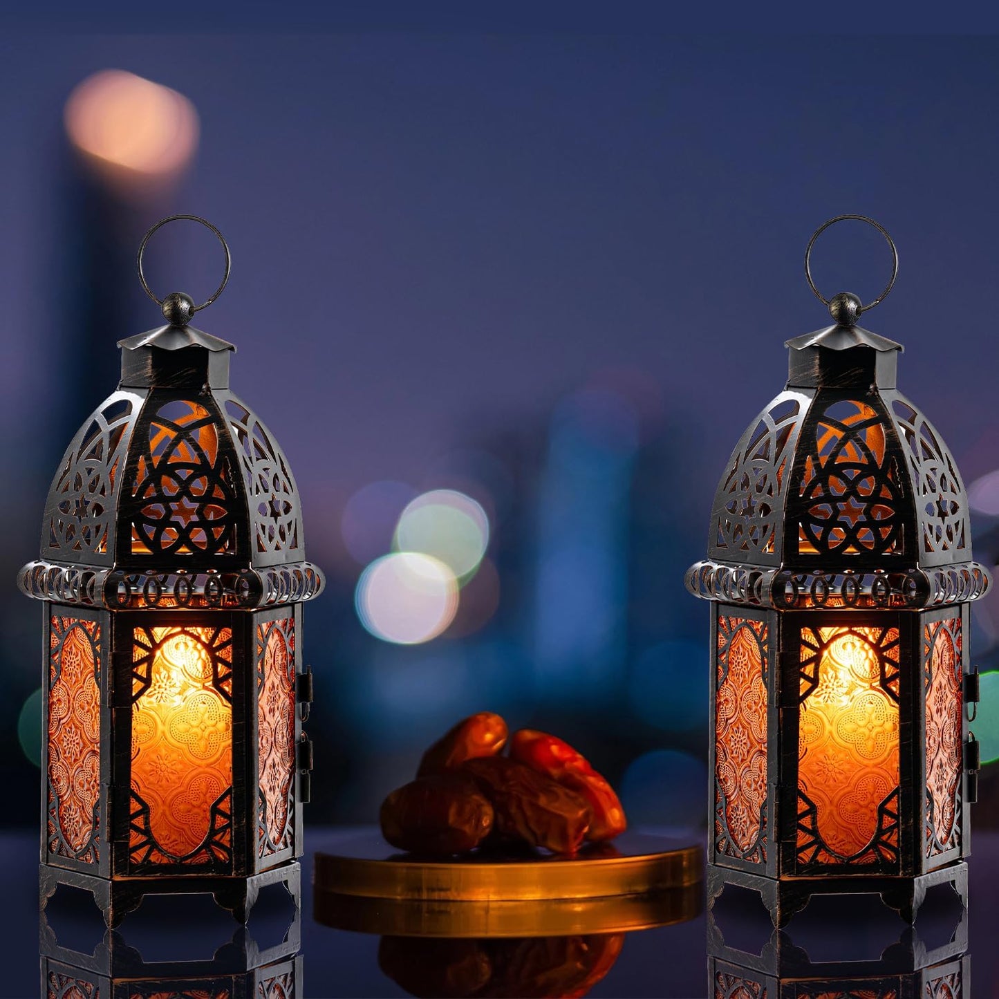 NEEDOMO Set of 2 Hanging Moroccan Lantern, 12.8'' Vintage Candle Holder, Metal Lanterns Decorative Indoor Outdoor, Table, Patio, Porch, Shelf, Ramadan Decorations (Amber)