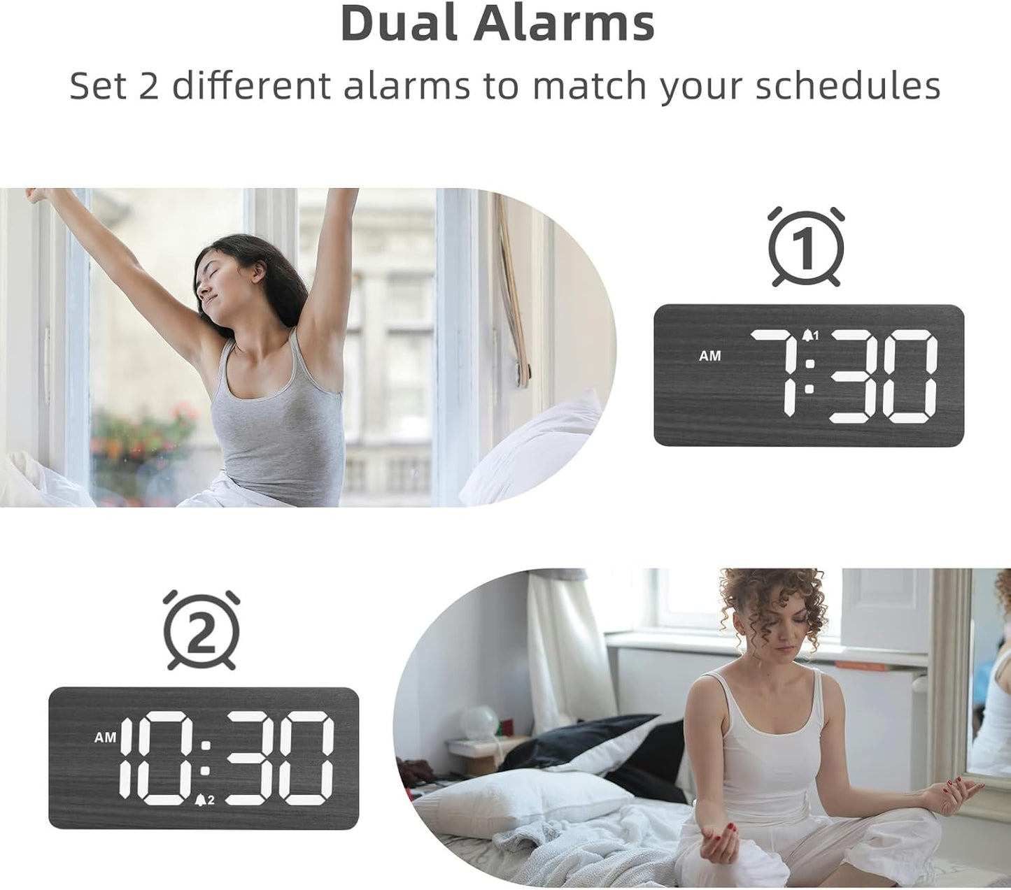 uscce Wooden Digital Alarm Clocks for Bedrooms: Dimmable Dual Alarm Clock with Large Numbers for Bedside Desk - Loud Alarm for Heavy Sleepers with Volume Control - Wood Decor & Gifts