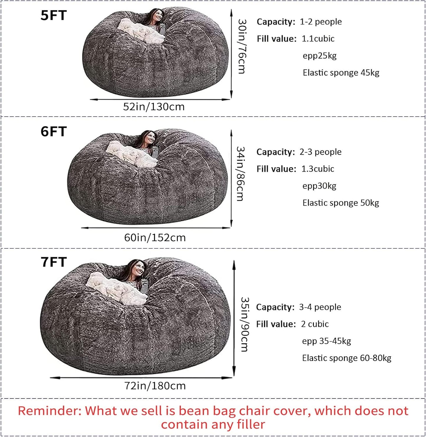 Big Huge Giant Bean Bag Chair for Adults, (No Filler) Bean Bag Chairs in Multiple Sizes and Colors Giant Foam-Filling Required- Machine Washable Covers, Double Stitched Seams (Leather Pink,6FT)