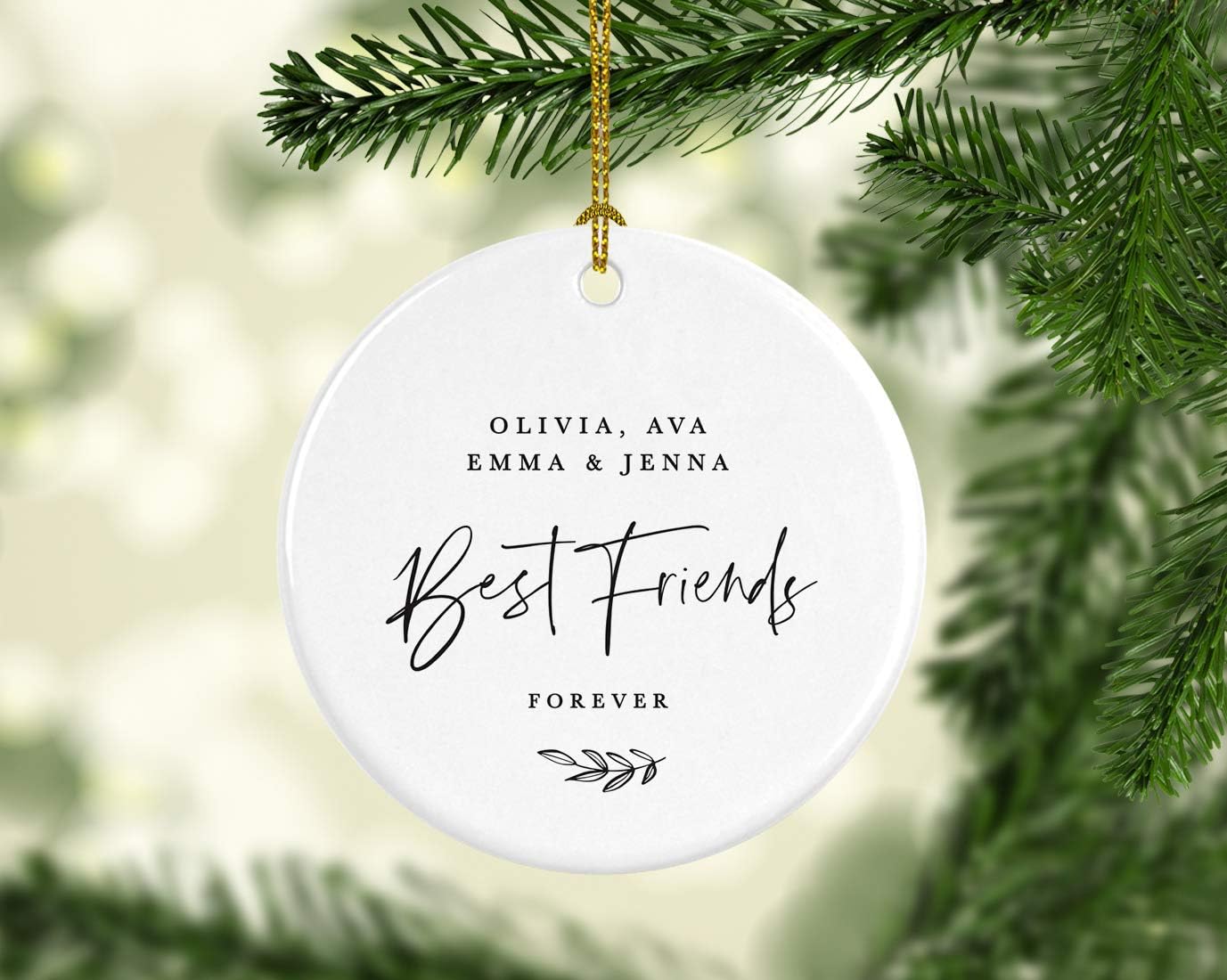 Andaz Press Personalized Best Friends Round Ceramic Porcelain Christmas Tree Ornament Keepsake Collectible Gift, Olivia, Ava, Emma & Jenna, Best Friends Forever 2025, Antique Handdrawn, 1-Pack