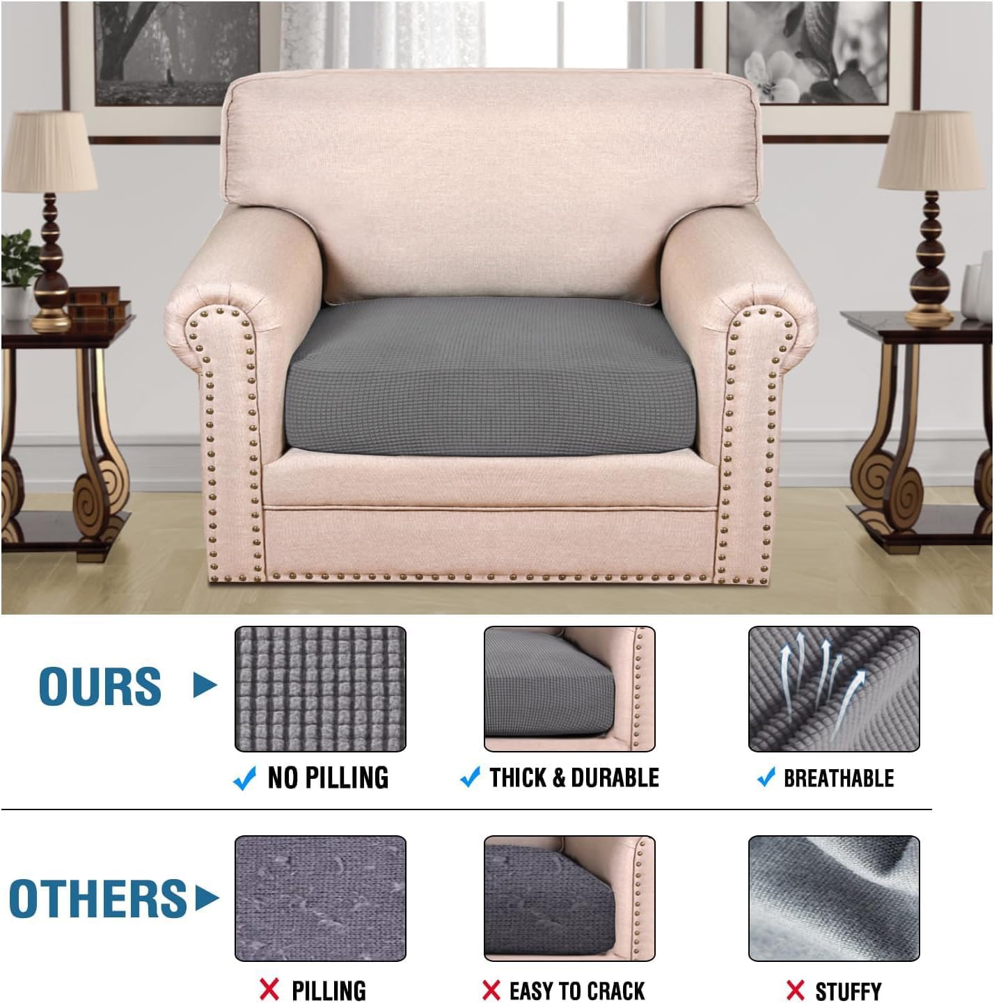 H.VERSAILTEX Super Stretch Individual Seat Cushion Covers Sofa Covers Couch Cushion Covers Slipcover Sets Thick Jacquard Textured Twill Fabric (1 Piece Chair Cushion Cover, Grey)