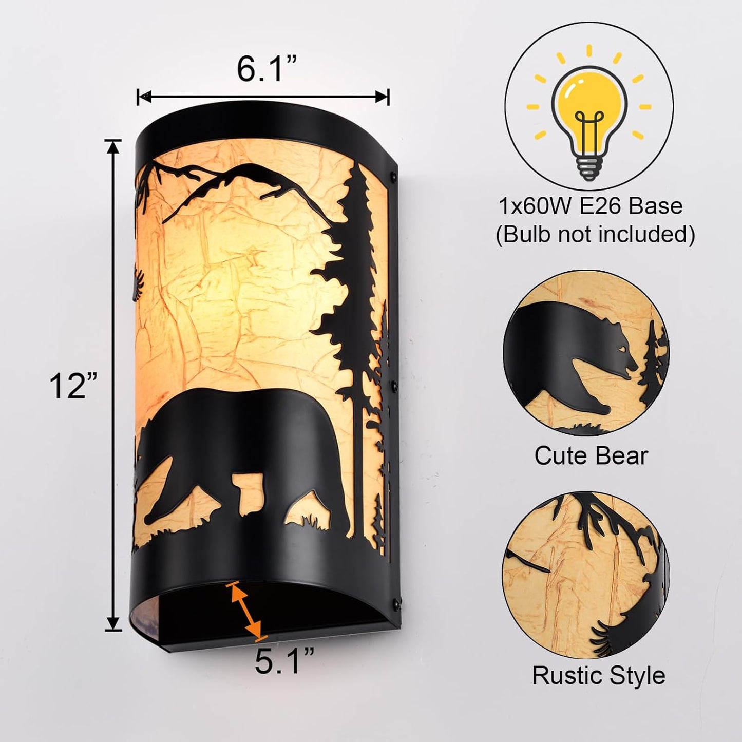 Black Wall Sconces,Bear Metal Yellow Parchment Rustic Wall Sconces,Farmhouse E26 Base Hallway Wall Light Fixtures,Industrial Wall Mount Lamp,Indoor Wall Lamps for Living Room,Bedroom,Bedside