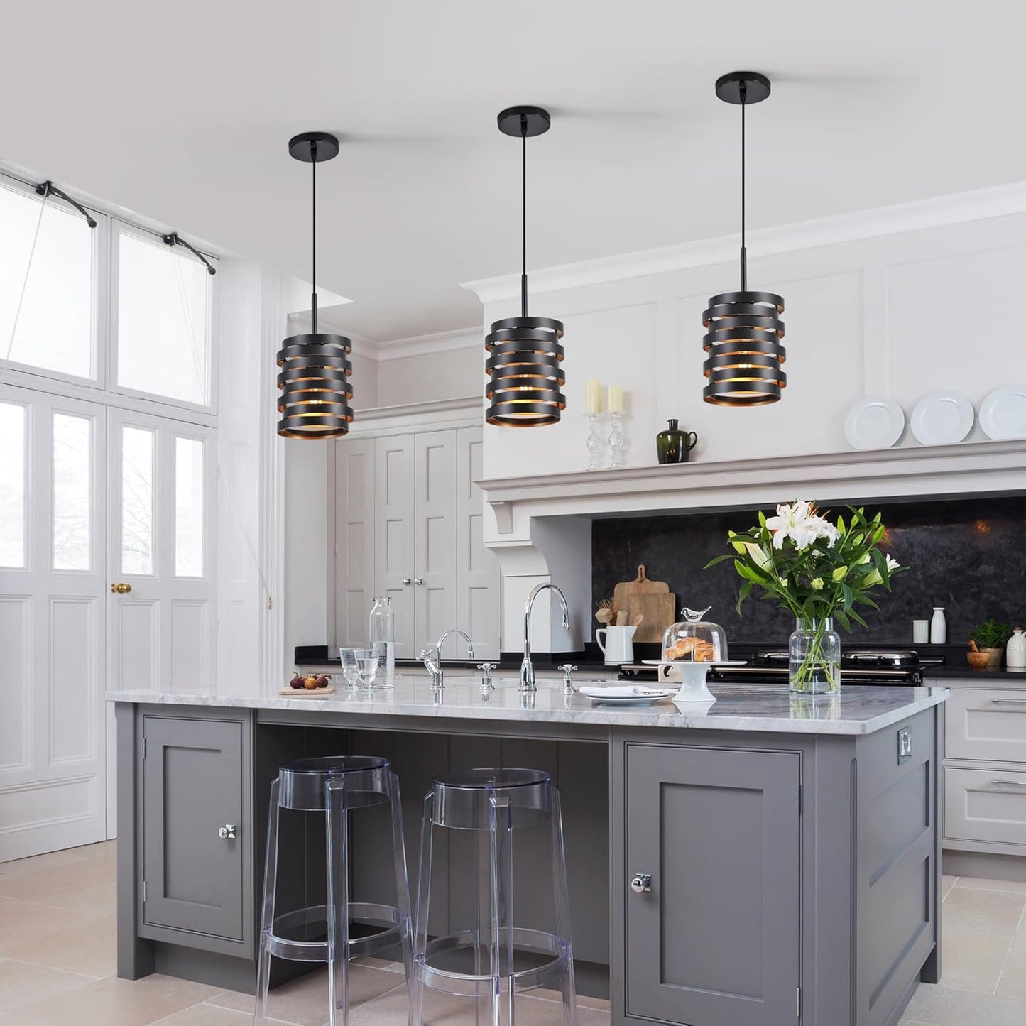 Modern Farmhouse Pendant Lights Kitchen Island, Industrial Multiple Rings Hanging Pendant Light Fixtures for Sink Bar Entrance Bathroom Hallway, Black with Gold Interior