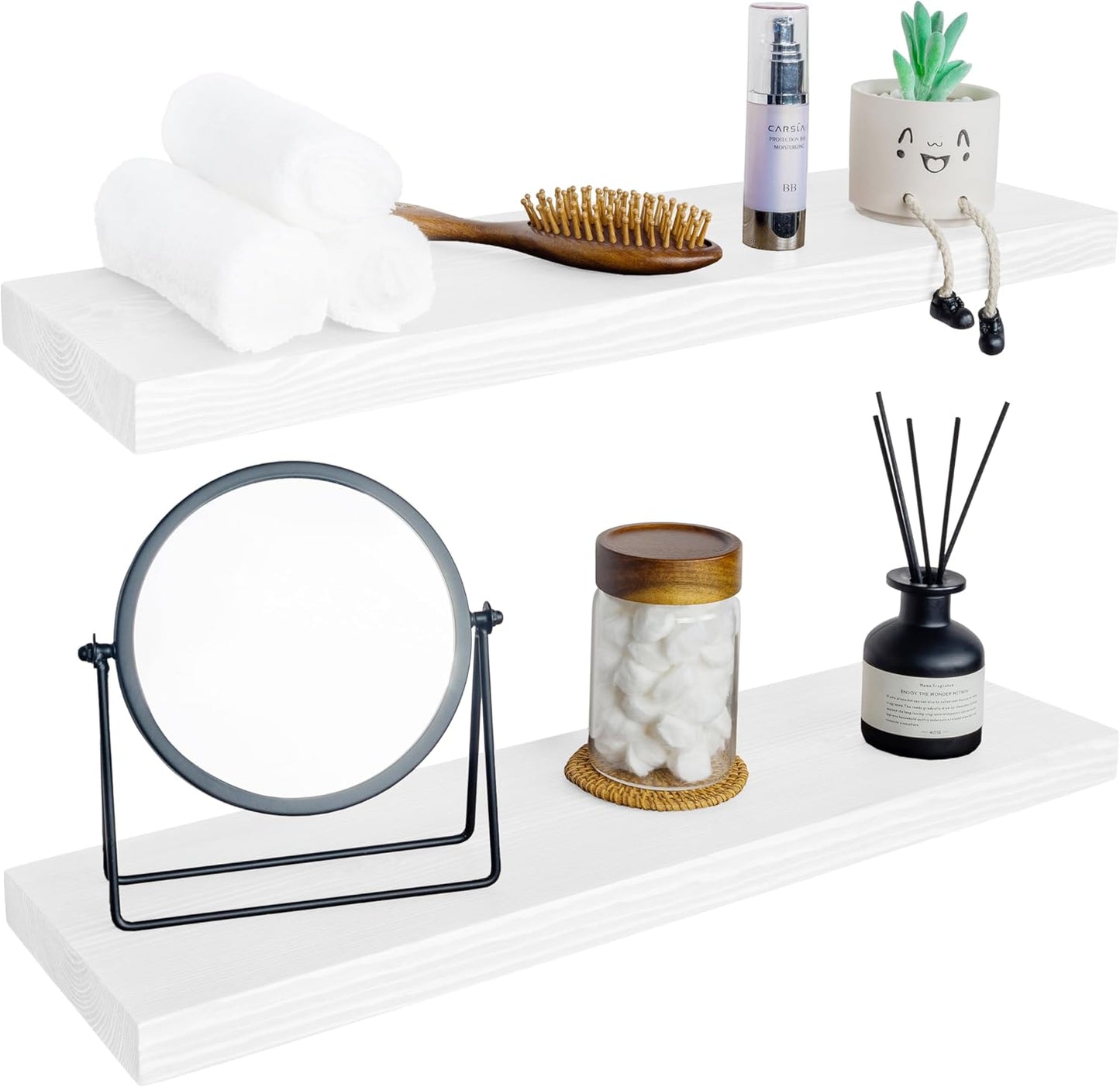 BGMG Wood Floating Shelves for Wall 30 inch Set of 2,White Floating Shelves,Solid Wood Wall Mount Shelves for Bathroom Living Room Bedroom Kitchen Farmhouse -30x 6.7 x1.25 inch