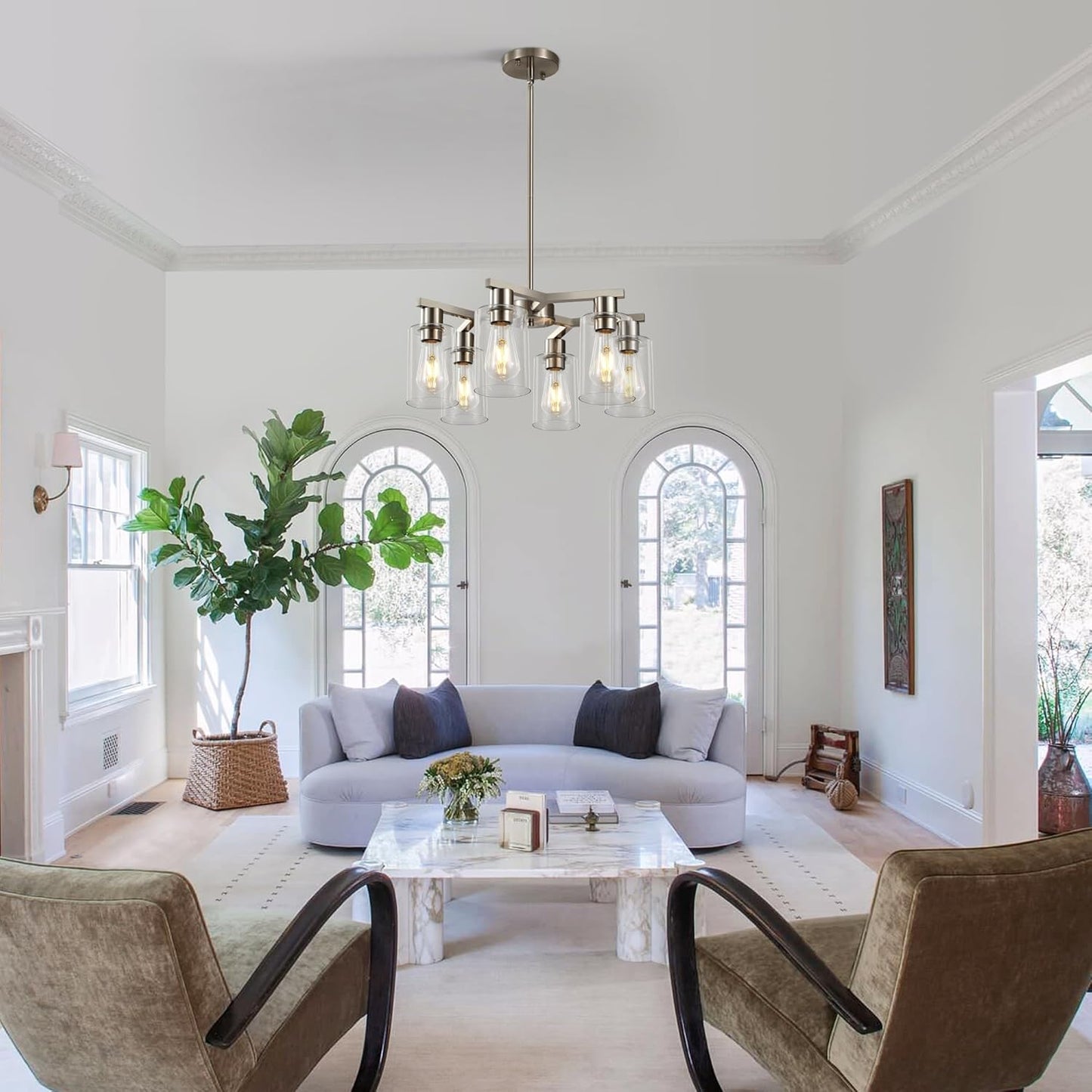 6-Light Farmhouse Brushed Nickel Chandelier,Modern Chandeliers for Dining Room Light Fixture Over Table,Adjustable Hanging Industrial Rustic Pendant Lights Kitchen Island Light with Clear Glass Shade