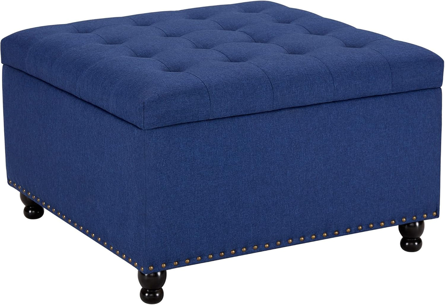 Tbfit Large Square Storage Ottoman Bench, Botton Tufted Upholstered Coffee Table Ottoman with Solid Wood Legs, Oversized Storage Ottomans Toy Box for Living Room (Blue)