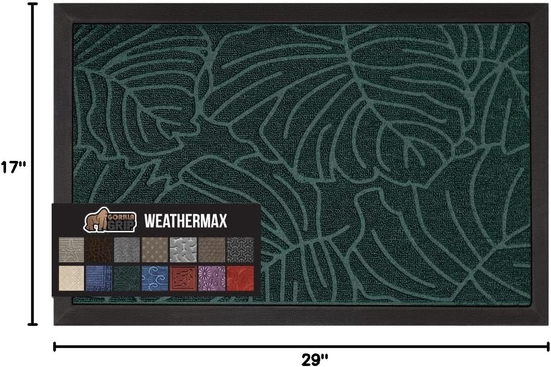 GORILLA GRIP 100% Waterproof All-Season WeatherMax Doormat US Designed Natural Rubber, Stain and Fade Resistant, Low Profile Indoor Outdoor Door Mats, Easy Clean Patio Mat, 17x29, Green Palm