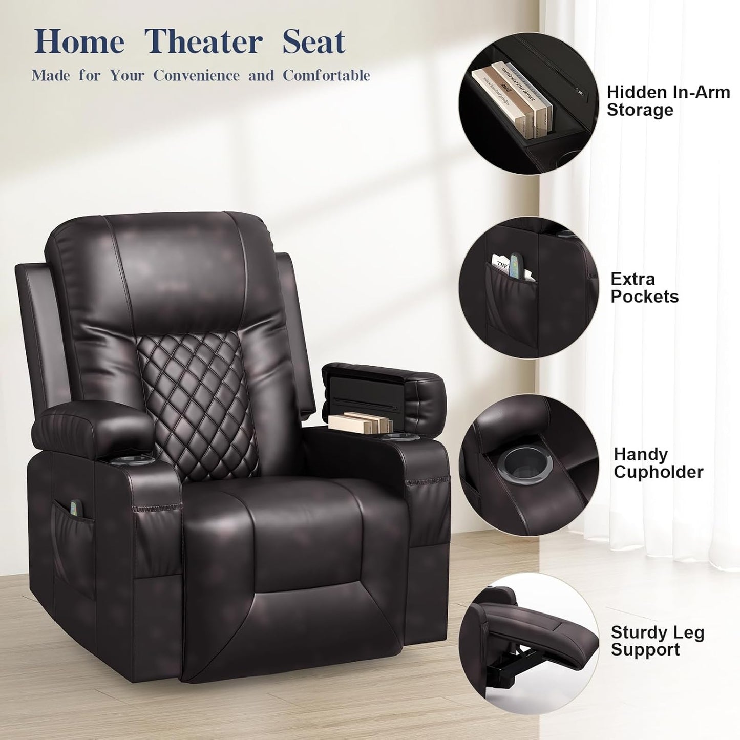 Recliner Chairs for Adults, FSC Certified Massage Rocker with Heated Modern Ergonomic Lounge 360 Degree Swivel Single Sofa Seat Living Room Lounge Recliners Brown