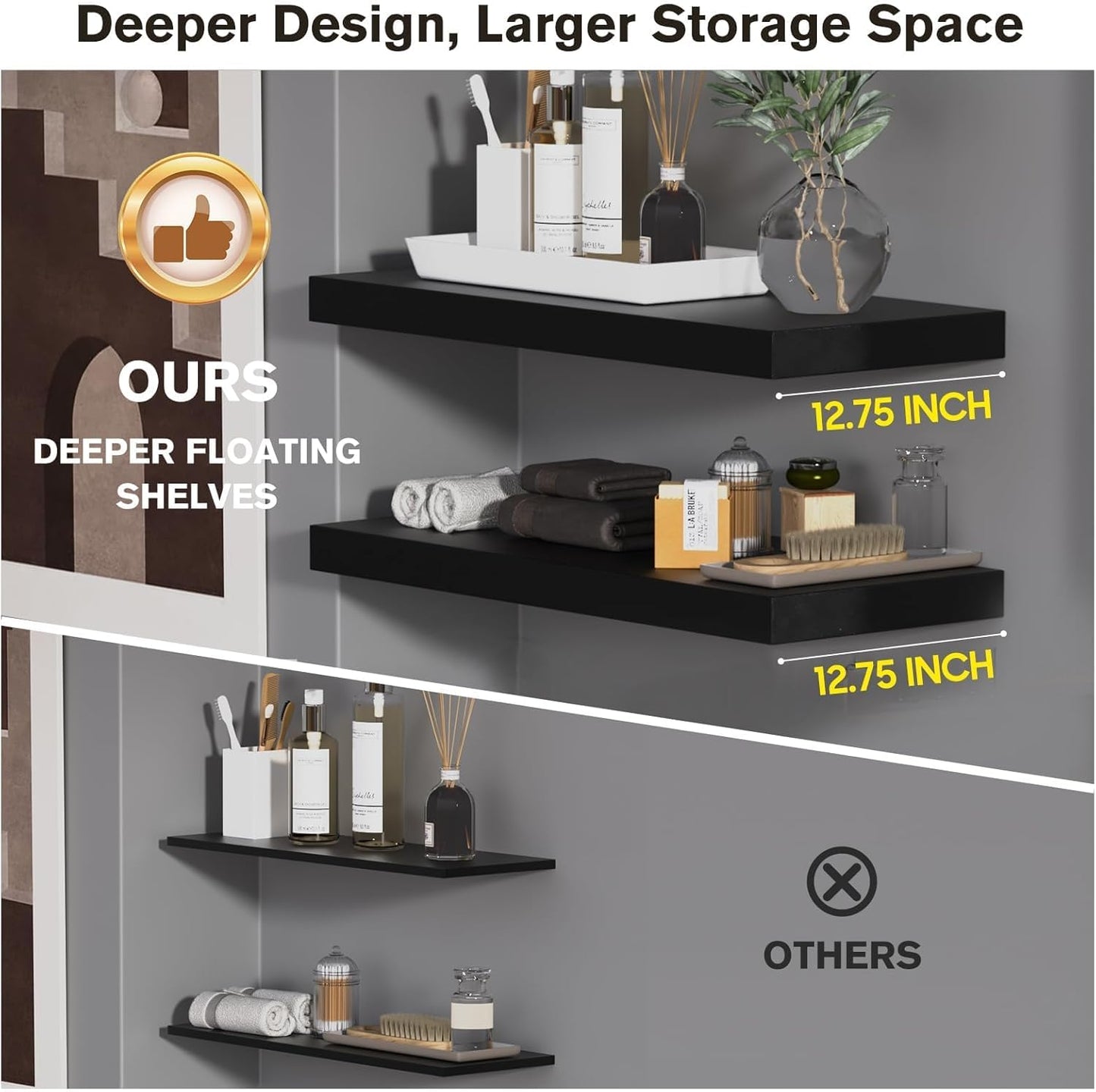 Floating Shelf, Set of 2 Wall Shelf, 24 in W x 12.75 in D x 2 in H Wooden Floating Wall Shelf with Invisible Brackets for Living Room/Bedroom/Bathroom/Kitchen Storage and Decor, Black