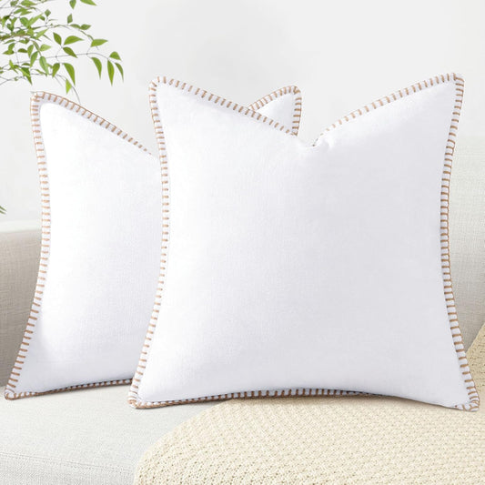 decorUhome Chenille Soft Throw Pillow Covers 18x18 Set of 2, Farmhouse Velvet Neutral Decorative Euro Pillow Covers with Stitched Edge for Couch Sofa Bed Home Decor, White