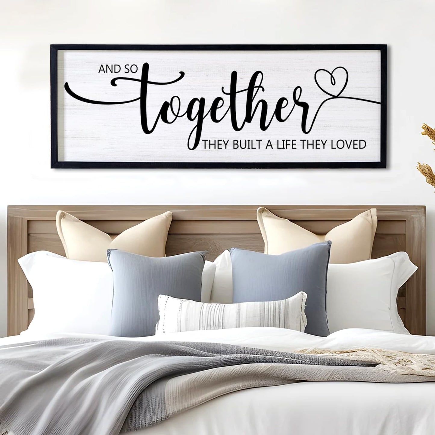 And So Together They Built A Life They Loved Decorative Rustic Sign & Plaque Framed Wall Art for Couples, 40''×15' Vintage 'Wooden Long Wall Decor Above Bed, Horizontal Farmhouse Wedding Gift