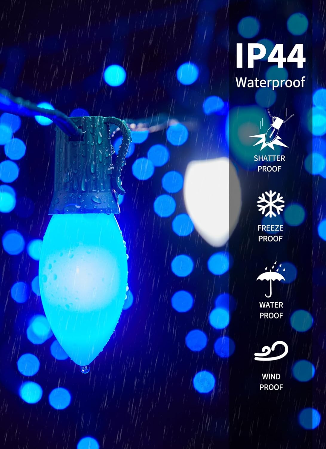 C9 LED Christmas Lights Outdoor, 50 Feet C9 String Lights with 50 Shatterproof Matte Bulbs, Connectable Waterproof Christmas Tree Lights for Holiday Roofline Backyard Garden Decor, Blue & Pure White