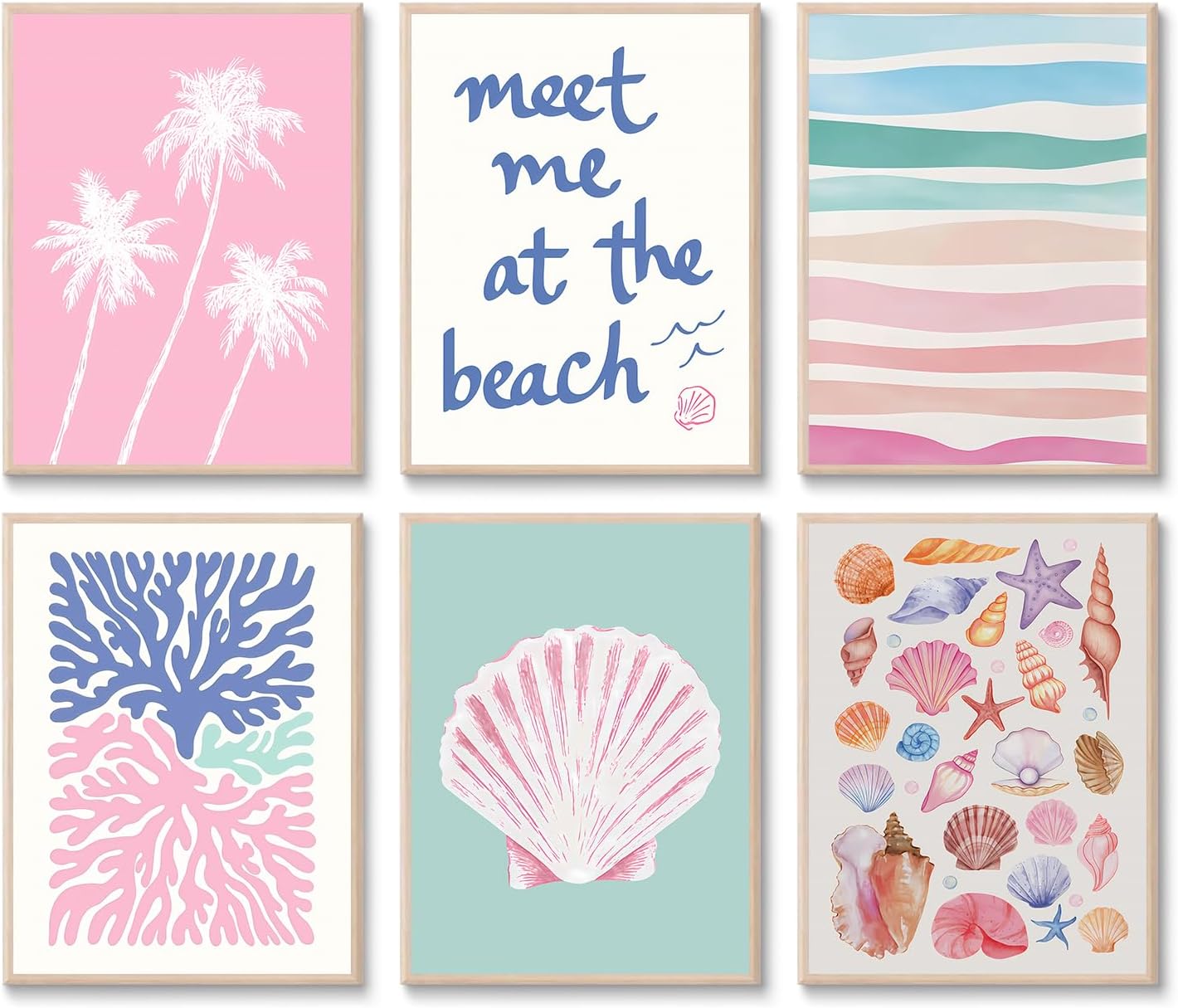 6 Pcs Coastal Beachy Wall Art Tropical Summer Shell Ocean Paintings Prints Posters Trendy Pink Preppy Palm Tree Canvas Wall Decor Aesthetic for Bedroom Living Room Dorm Apartment 8x10inch Unframed