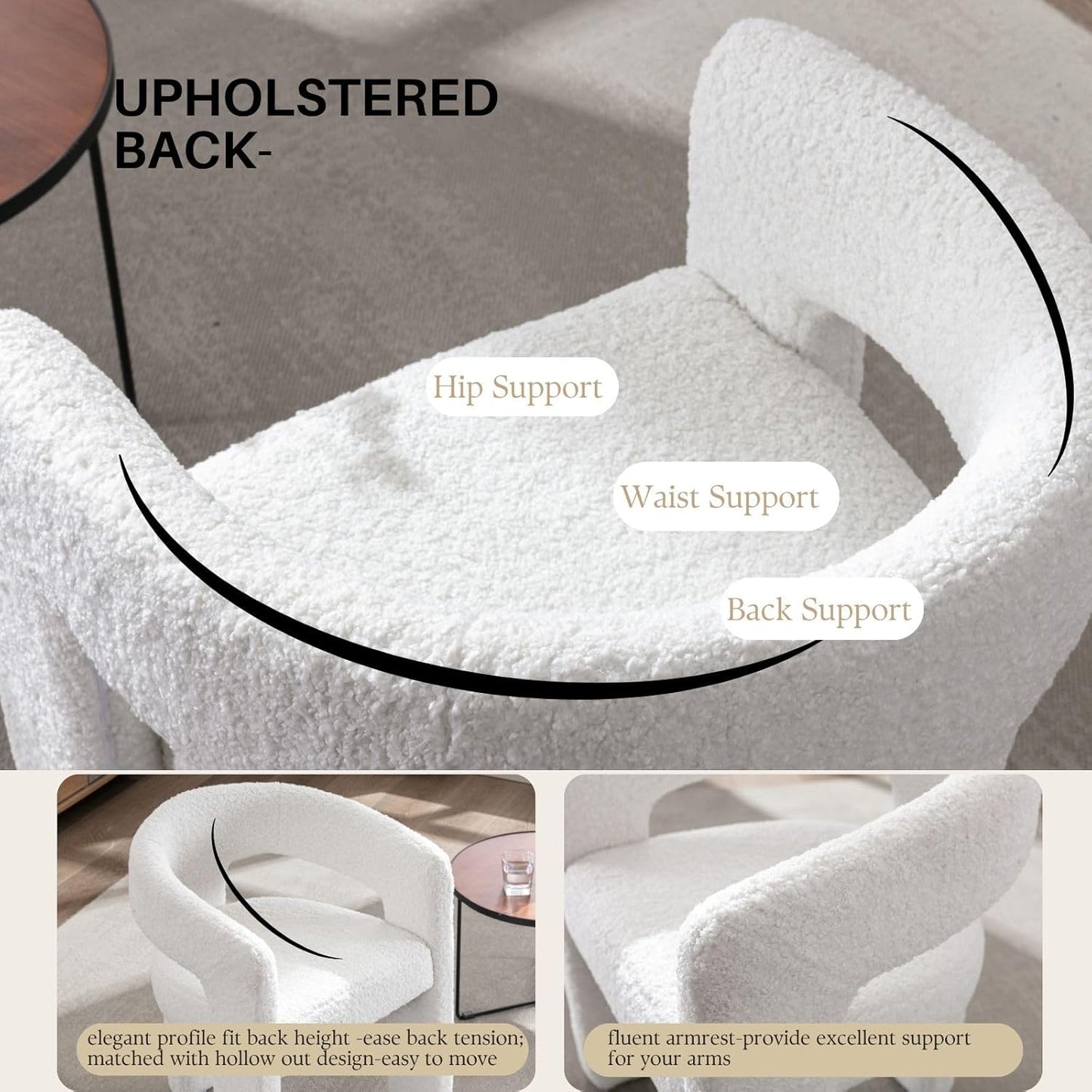 White Boucle Dining Chairs Set of 4, Modern Barrel Dining Room Chairs Upholstered Faux Fur Accent Chair with Arms and Round Back for Living Room Kitchen Armchair No Assembly Needed