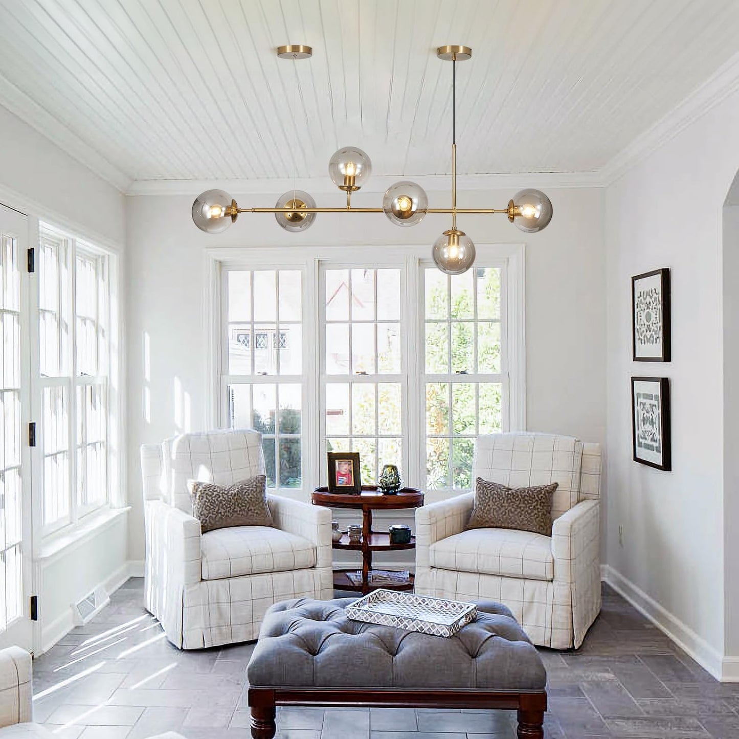 KCO Lighting 6-Light Modern Globe Sputnik Chandelier Brass Gold Linear Pendant Chandelier Lighting Smoke Glass Dining Room Chandelier Mid Century Sputnik Island Lights for Kitchen Living Room