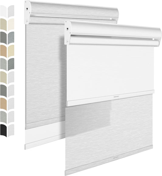 BERISSA Cordless Dual Roller Shades with Cassette Valance, Double Window Shades - Blackout and Light Filtering, Day and Night for Home Office Door - Striped Jacquard White - 40 W x 72" H