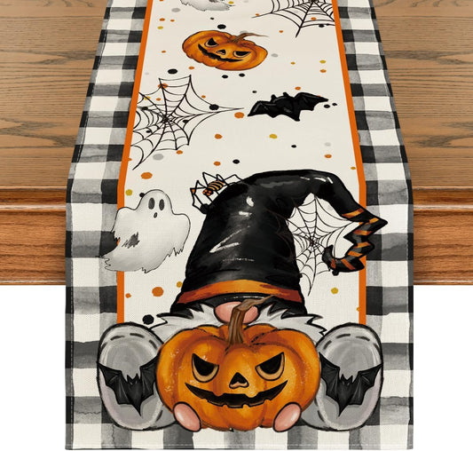 Artoid Mode Buffalo Plaid Gnome Bat Pumpkin Ghost Halloween Table Runner, Sensonal Kitchen Dining Table Decor for Home Party 13 x 120 Inch