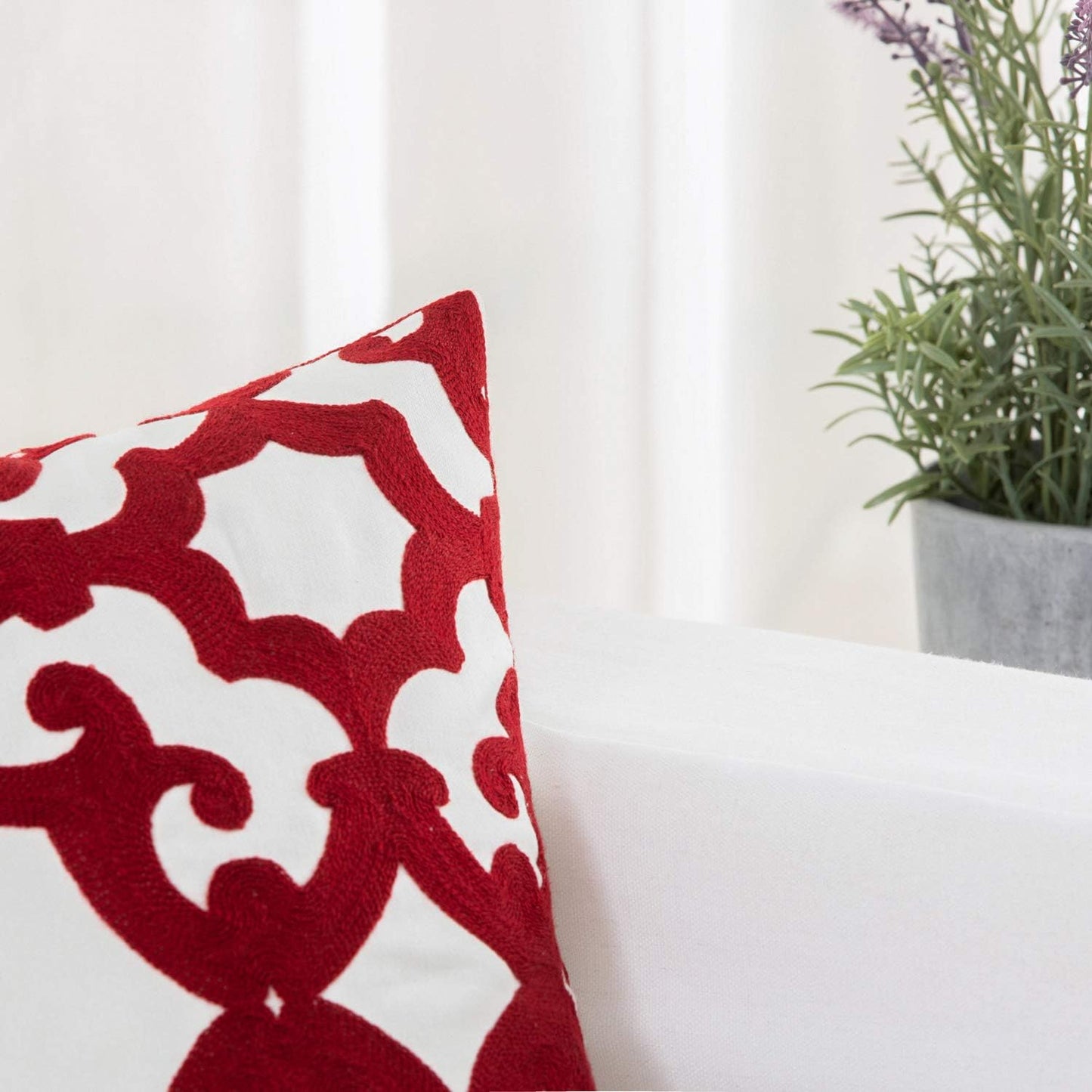 HWY 50 Red Decorative Throw Pillow Covers 18x18 Inch (1 Piece), Embroidered Cotton Farmhouse Cushion Cover Pillow Case for Sofa Couch Living Room Bed, Geometric