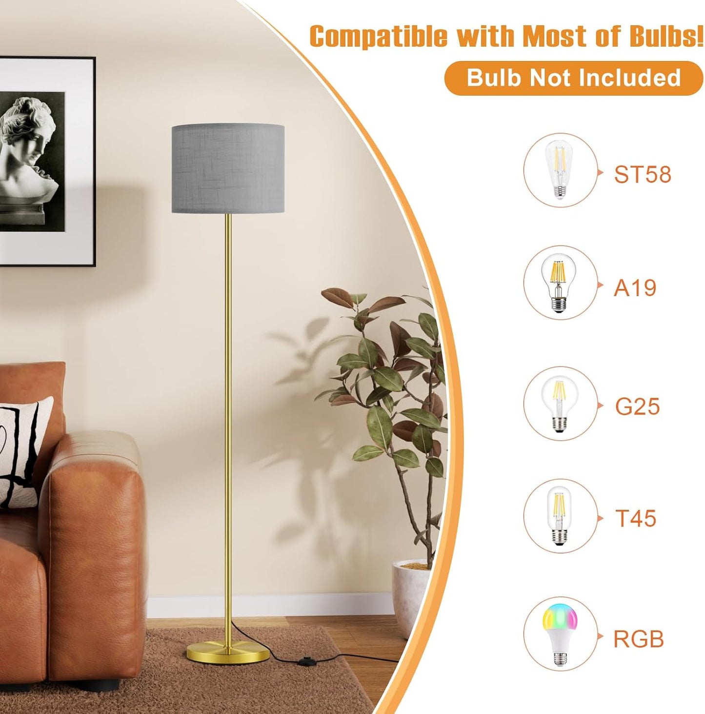 Ambimall 60'' Modern Floor Lamp with Shade, Tall Lamps for Living Room, Bedroom, Office, Dining Room, Linen Grey Shade with Brushed Gold Pole(Without Bulb)