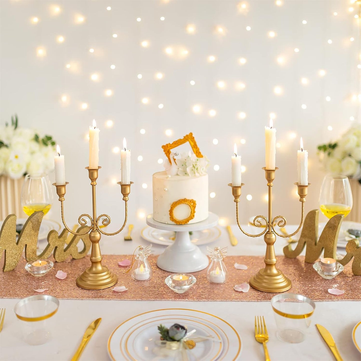 Sziqiqi Gold Taper Candle Holder for Centerpiece - 3-Candle Candlesticks Holder for Wedding Table Centerpieces Metal Candle Stick Holders Fireplace Mantle Decor